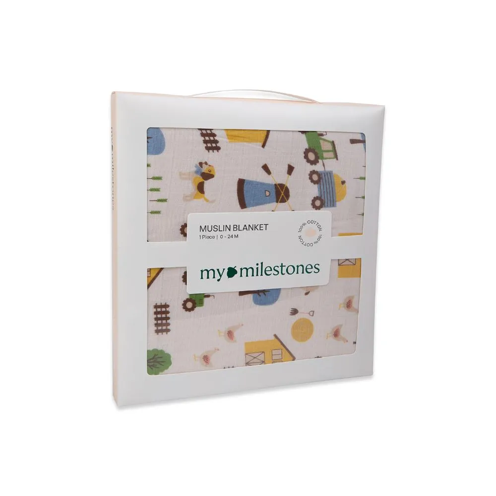 100% Premium Cotton 4/6 Layered Baby Muslin Blanket Barnyard Print & Yellow - (43x43 Inches)