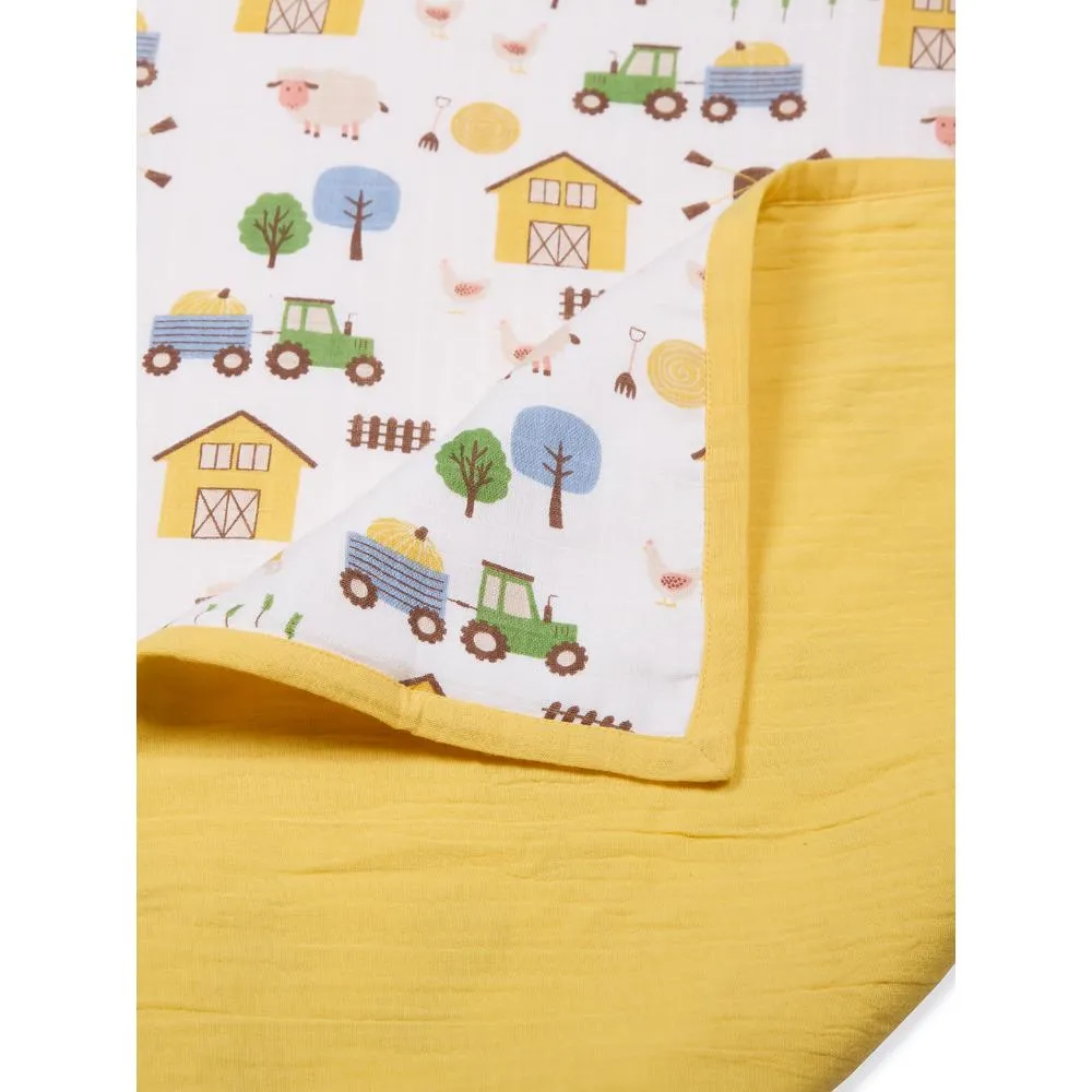 100% Premium Cotton 4/6 Layered Baby Muslin Blanket Barnyard Print & Yellow - (43x43 Inches)