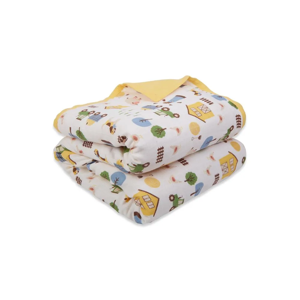 100% Premium Cotton 4/6 Layered Baby Muslin Blanket Barnyard Print & Yellow - (43x43 Inches)
