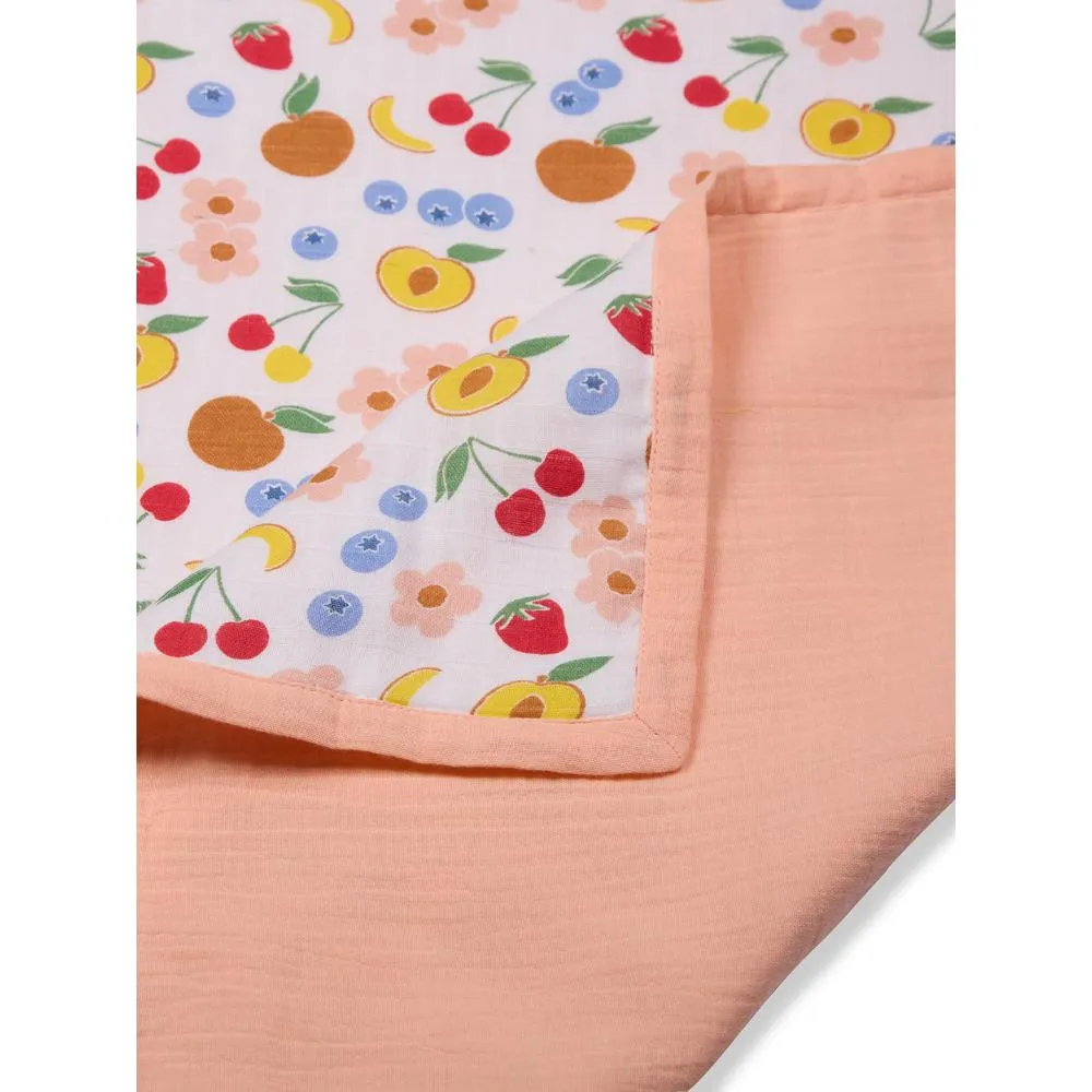 100% Premium Cotton 4/6 Layered Baby Muslin Blanket Fruit Print - Peach - (43x43 Inches)