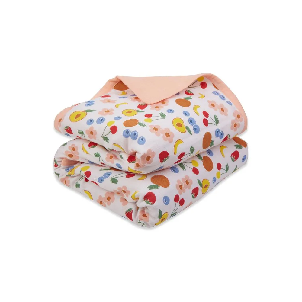 100% Premium Cotton 4/6 Layered Baby Muslin Blanket Fruit Print - Peach - (43x43 Inches)