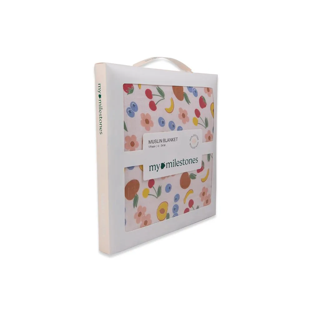 100% Premium Cotton 4/6 Layered Baby Muslin Blanket Fruit Print - Peach - (43x43 Inches)