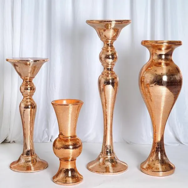 24” Rose Gold Mirror Mosaic Polystone Flower Floor Vase Wedding Aisle Prop Party Column - Set of 4
