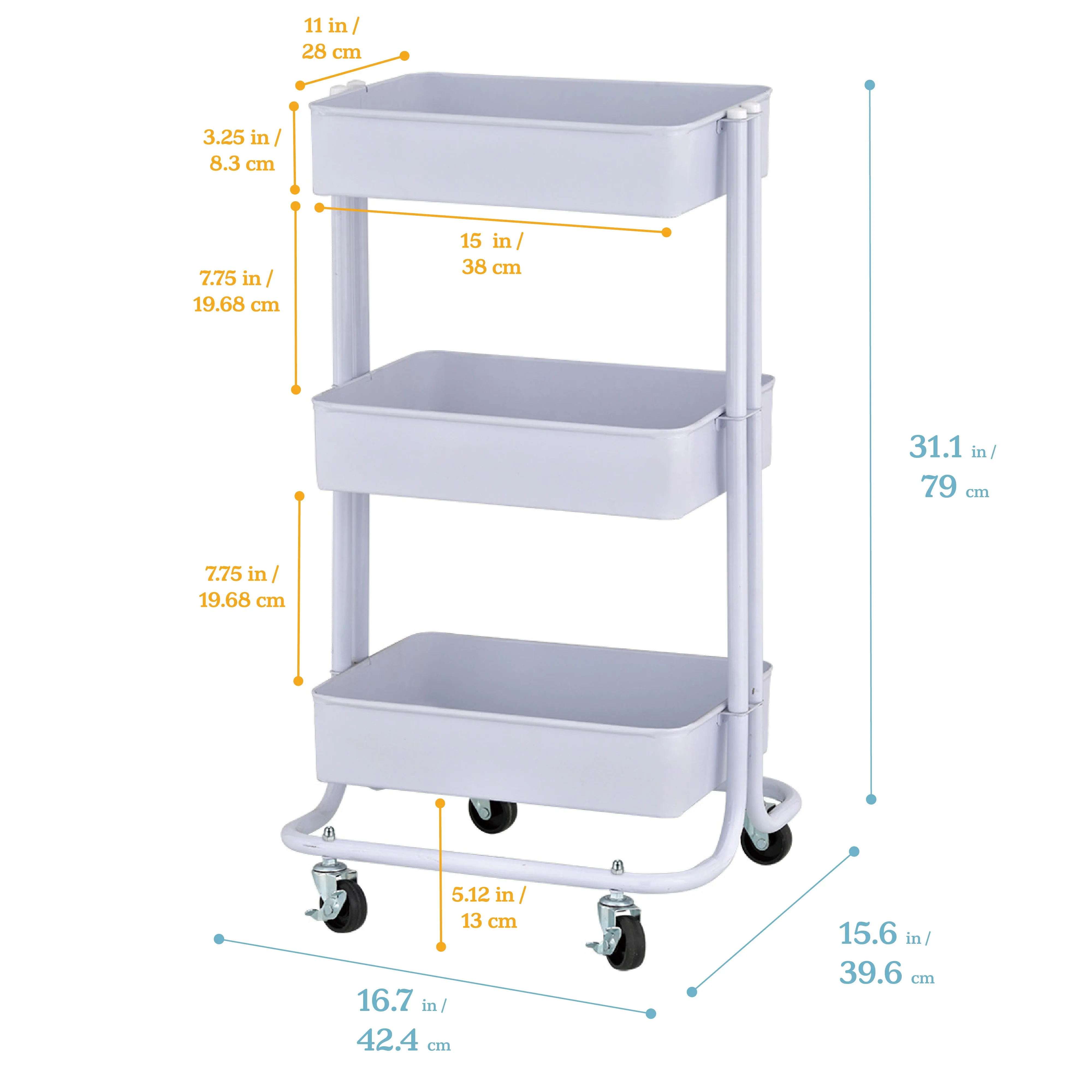 3-Tier Metal Rolling Utility Cart, Mobile Storage Organizer