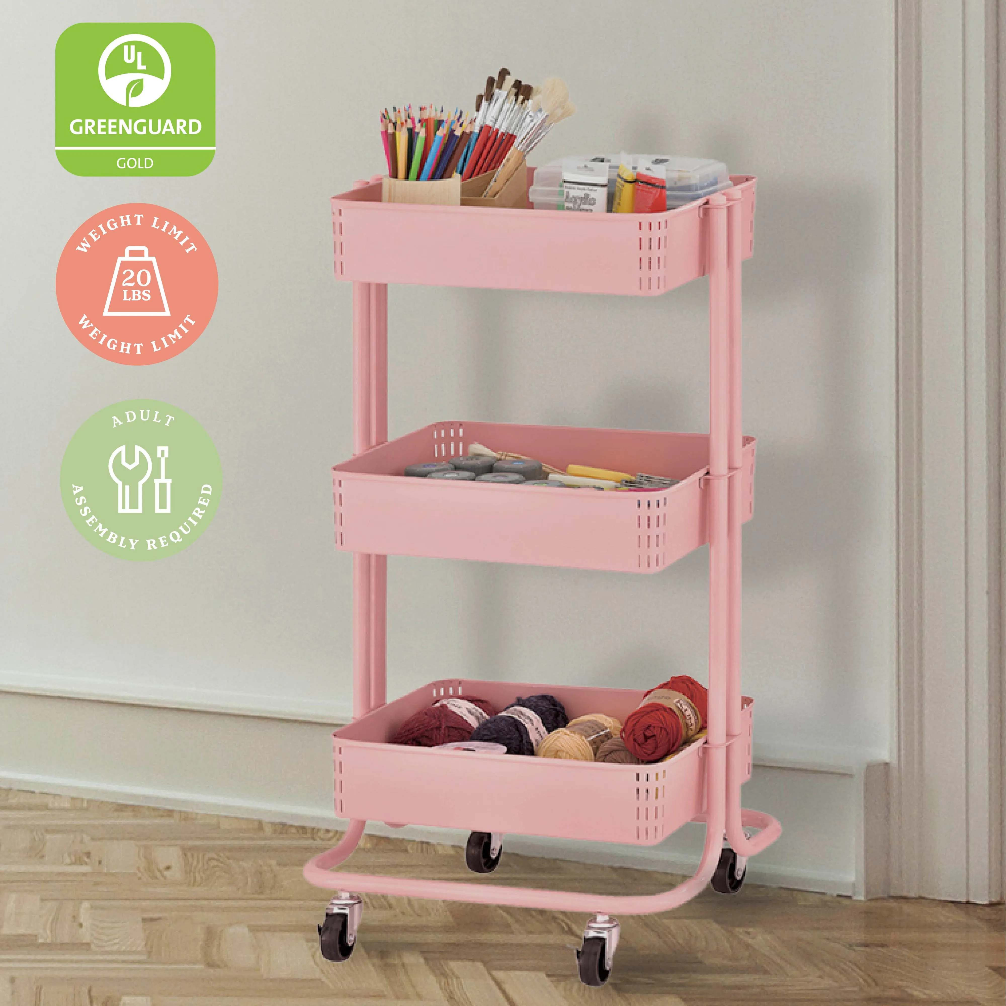 3-Tier Metal Rolling Utility Cart, Mobile Storage Organizer