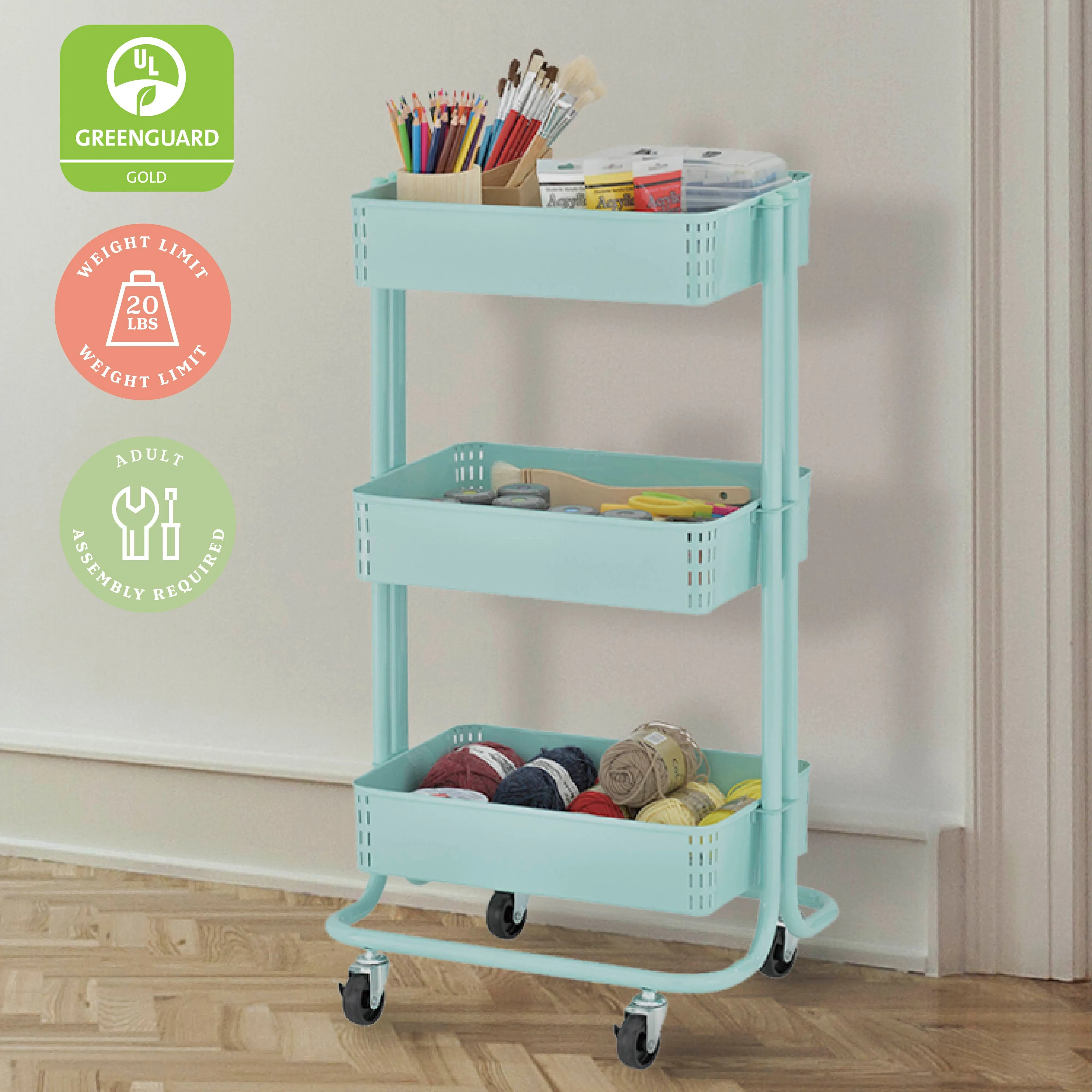 3-Tier Metal Rolling Utility Cart, Mobile Storage Organizer