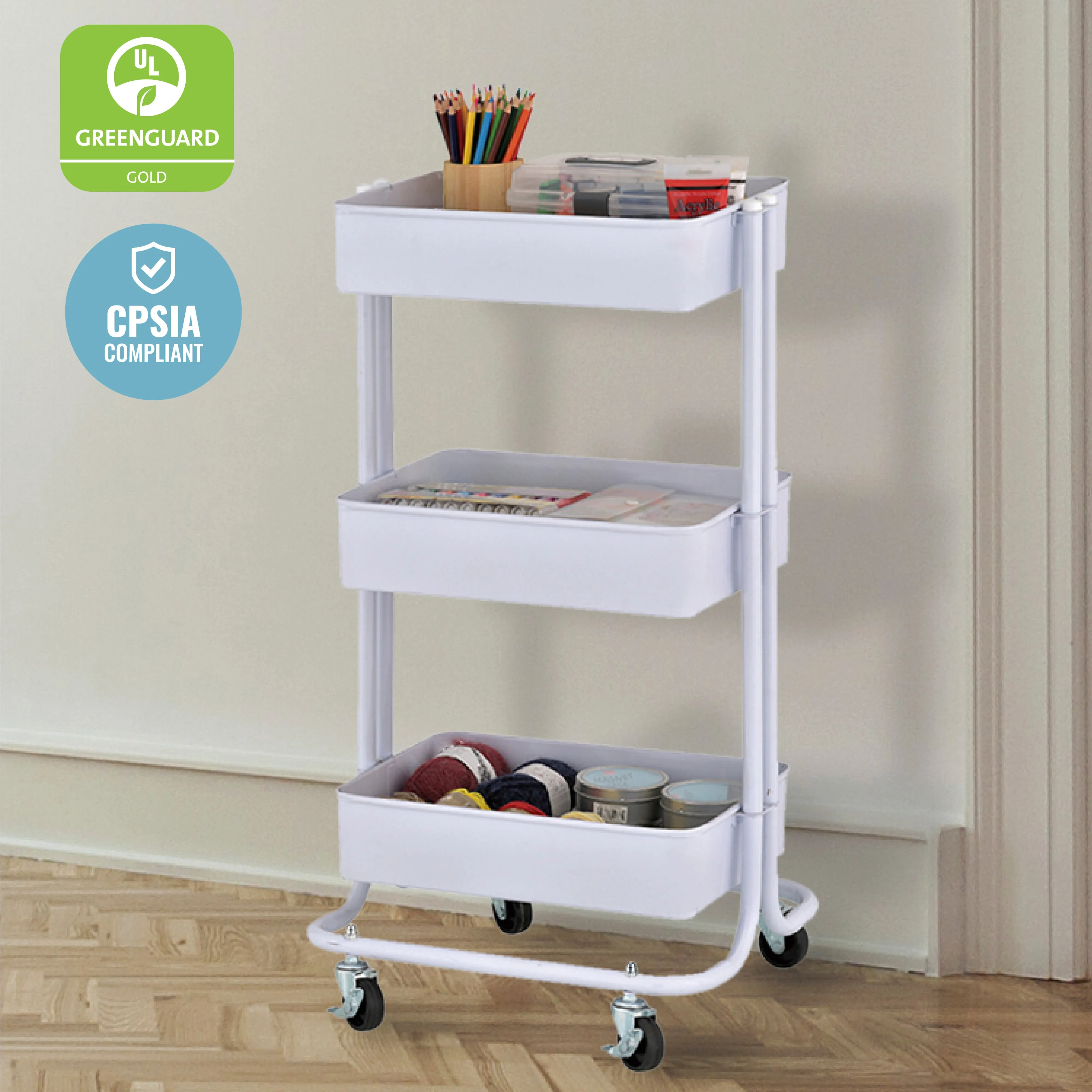 3-Tier Metal Rolling Utility Cart, Mobile Storage Organizer