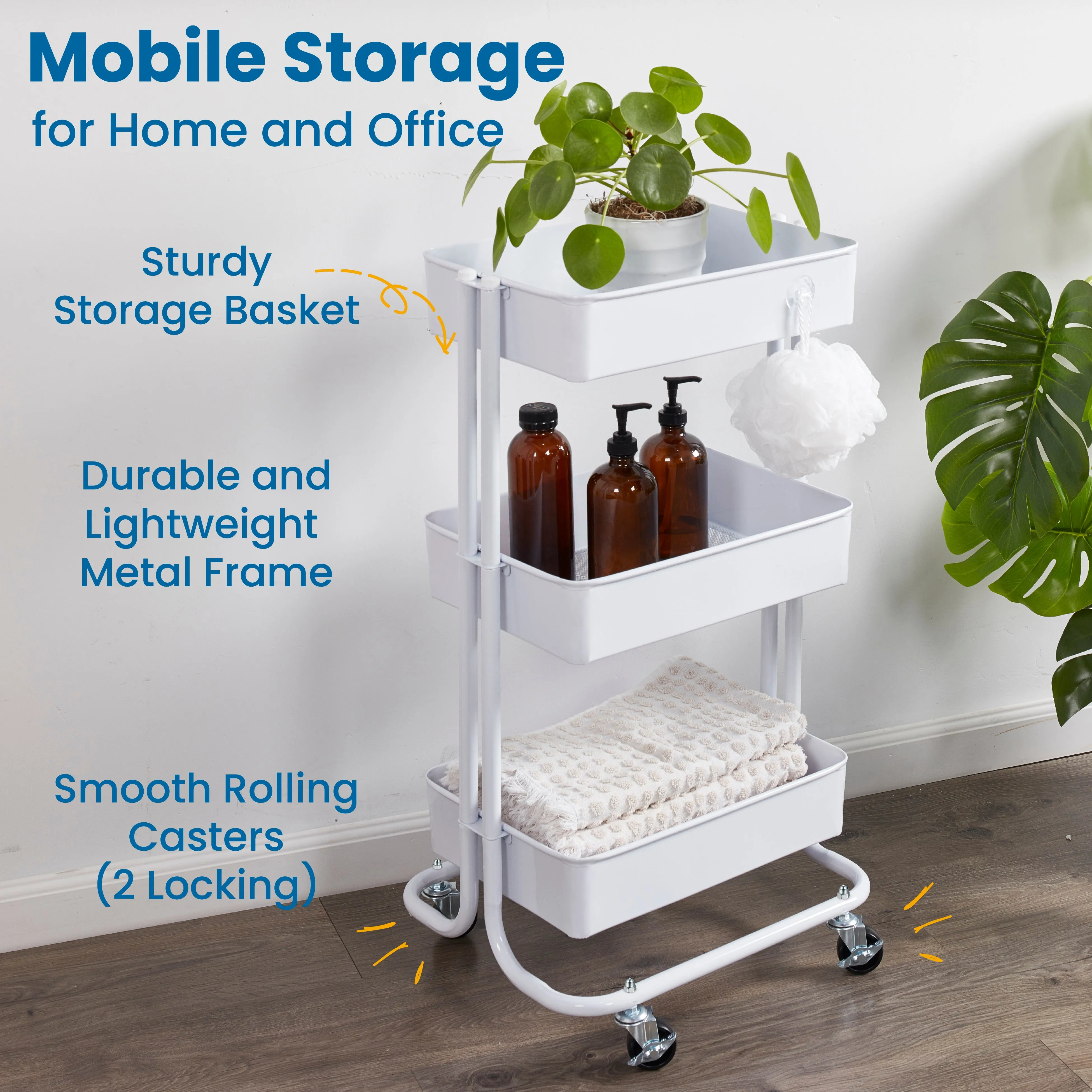 3-Tier Metal Rolling Utility Cart, Mobile Storage Organizer
