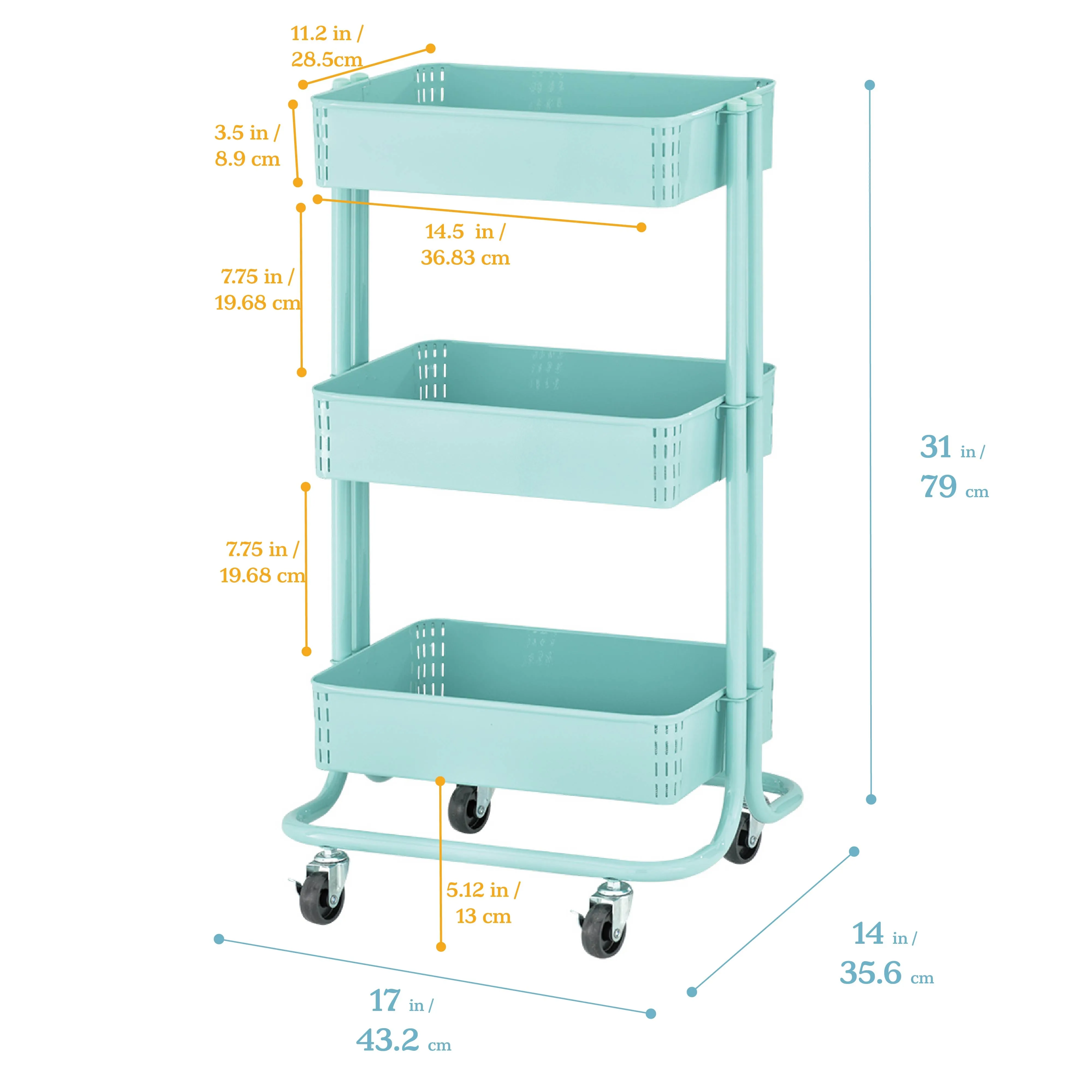 3-Tier Metal Rolling Utility Cart, Mobile Storage Organizer