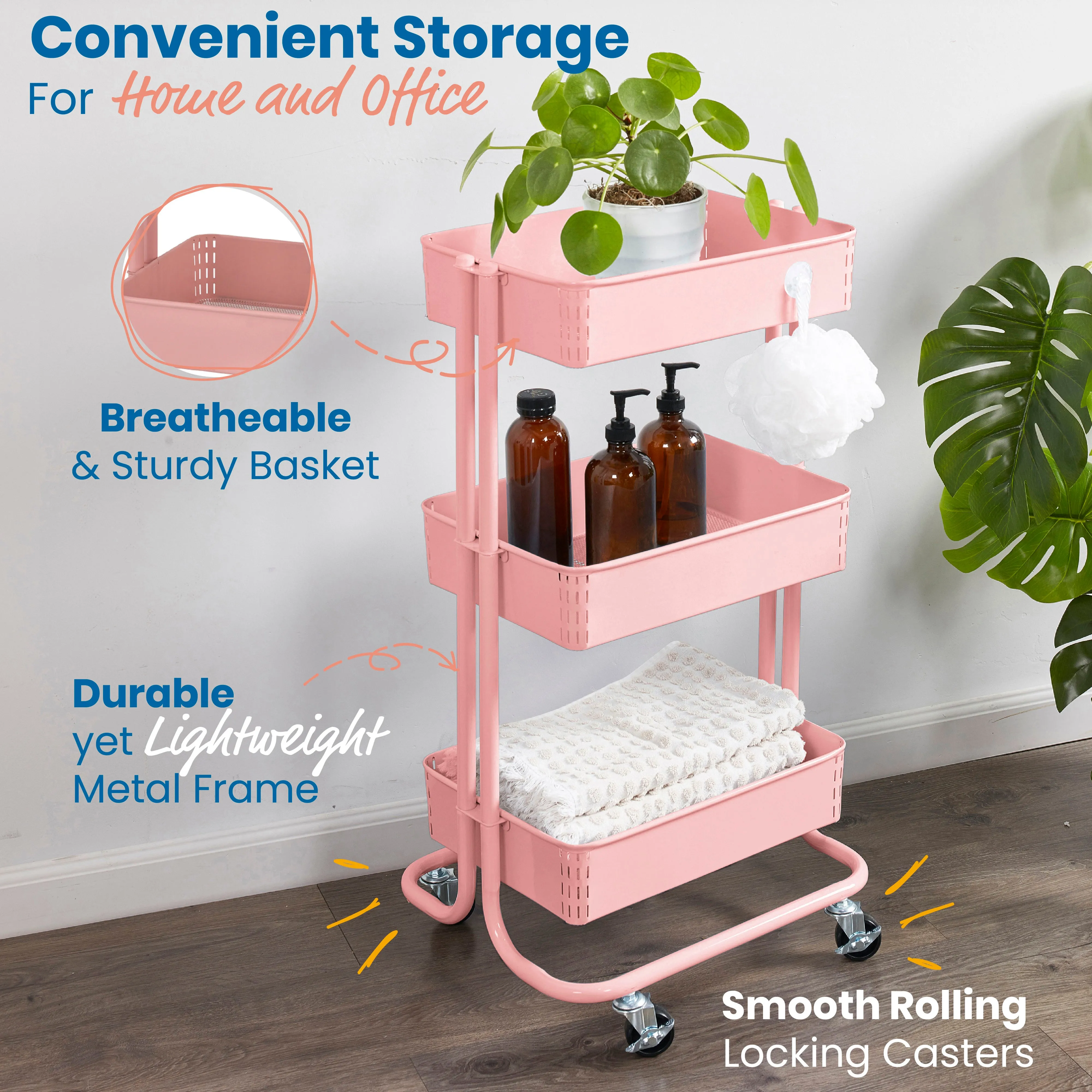 3-Tier Metal Rolling Utility Cart, Mobile Storage Organizer