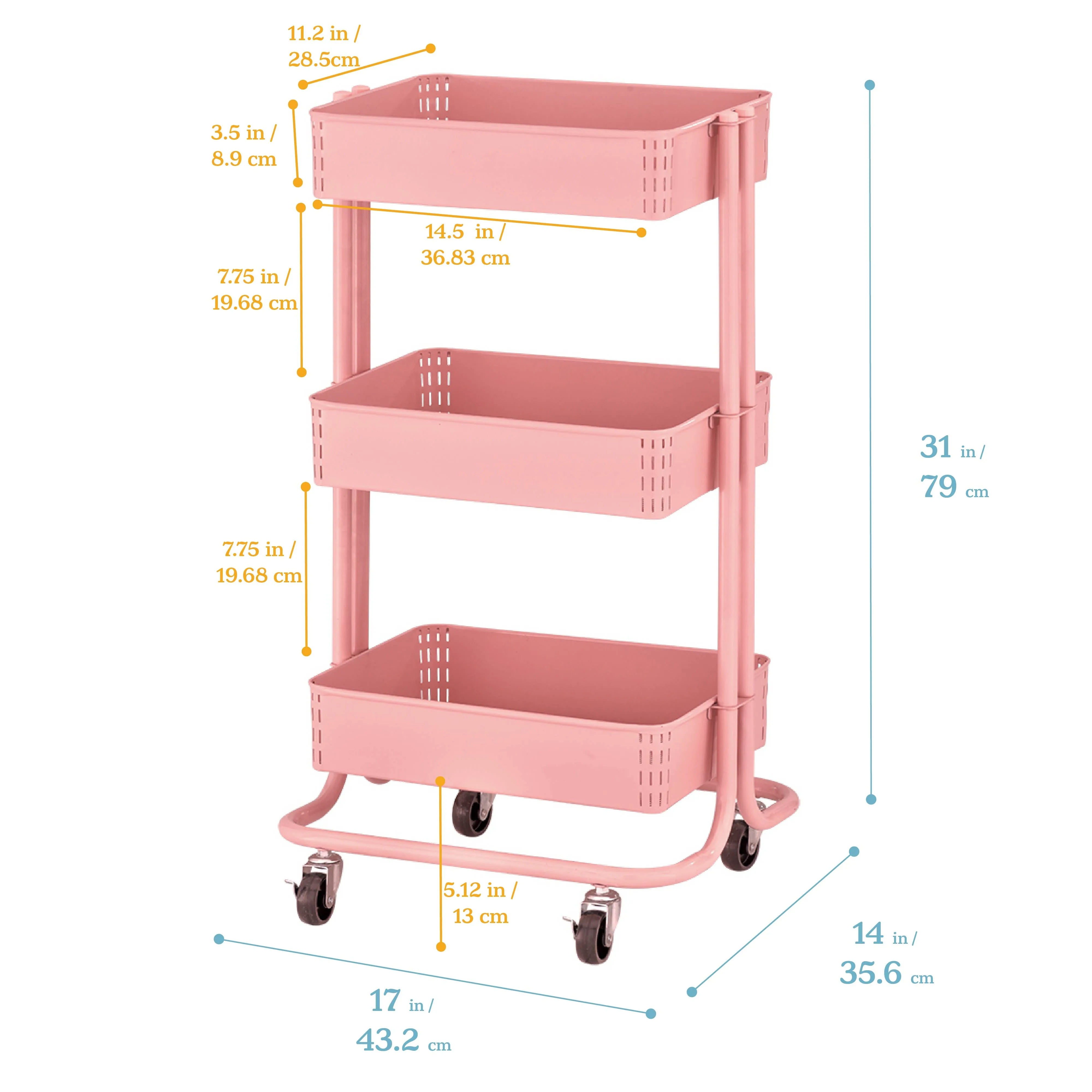 3-Tier Metal Rolling Utility Cart, Mobile Storage Organizer