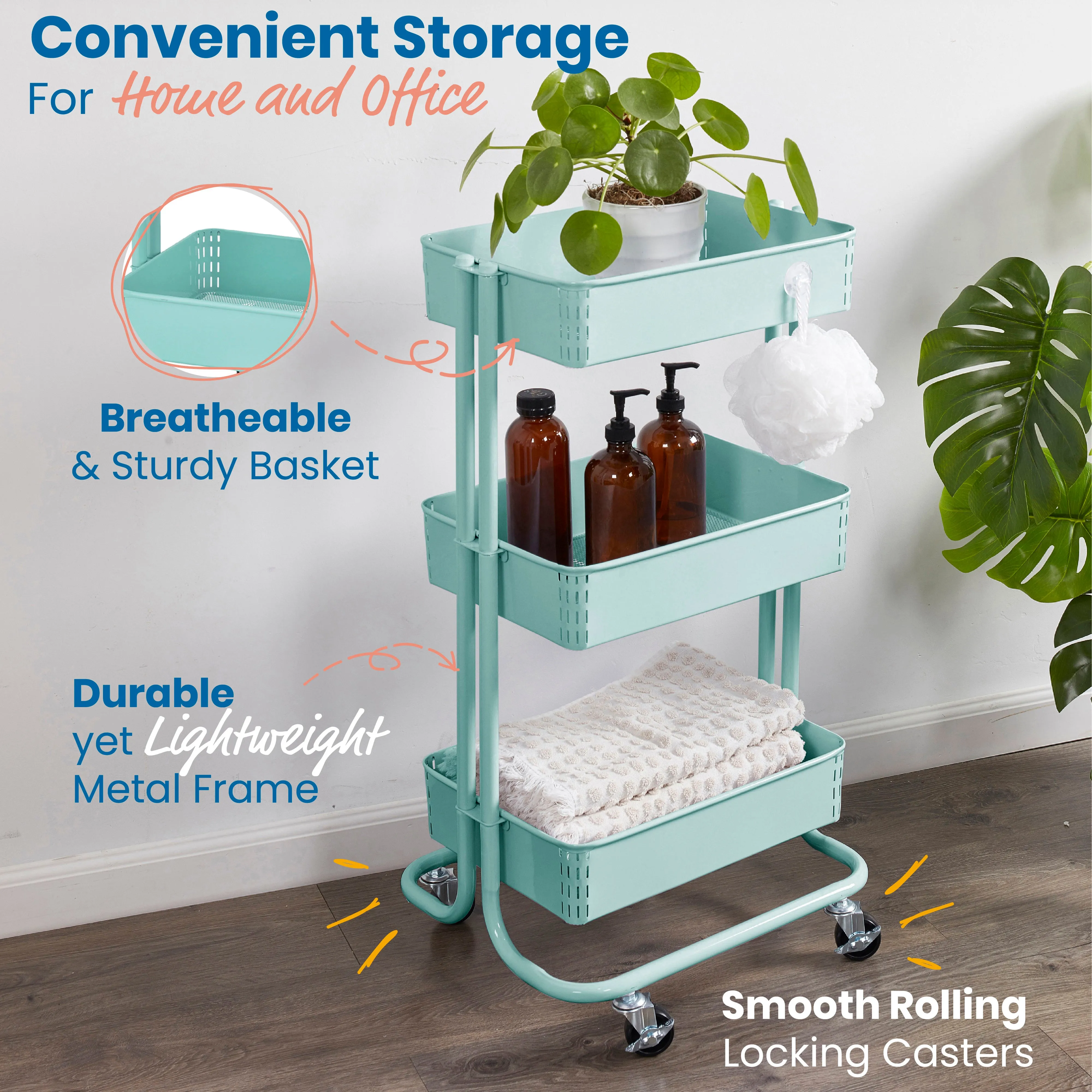3-Tier Metal Rolling Utility Cart, Mobile Storage Organizer