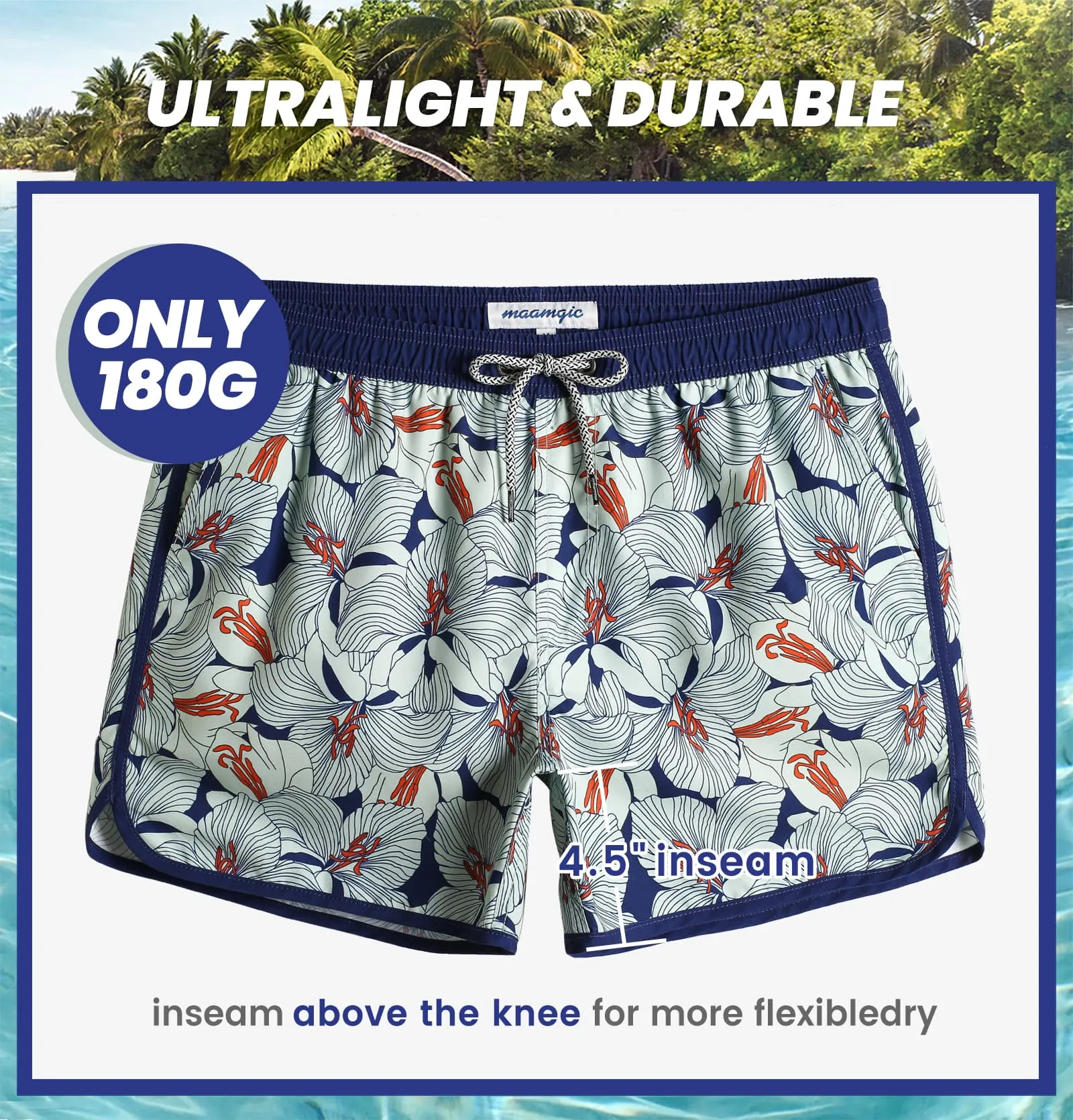 4.5 Inch Inseam Vintage Classical Flowers Swim Trunks