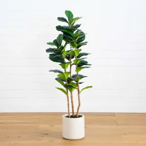 5’ Artificial Fiddle Leaf Tree in Decorative White Planter
