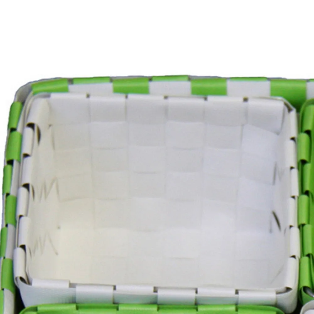 5 Piece Basket and Trays, Hand Woven, Checkered Pattern, Green and White By Casagear Home