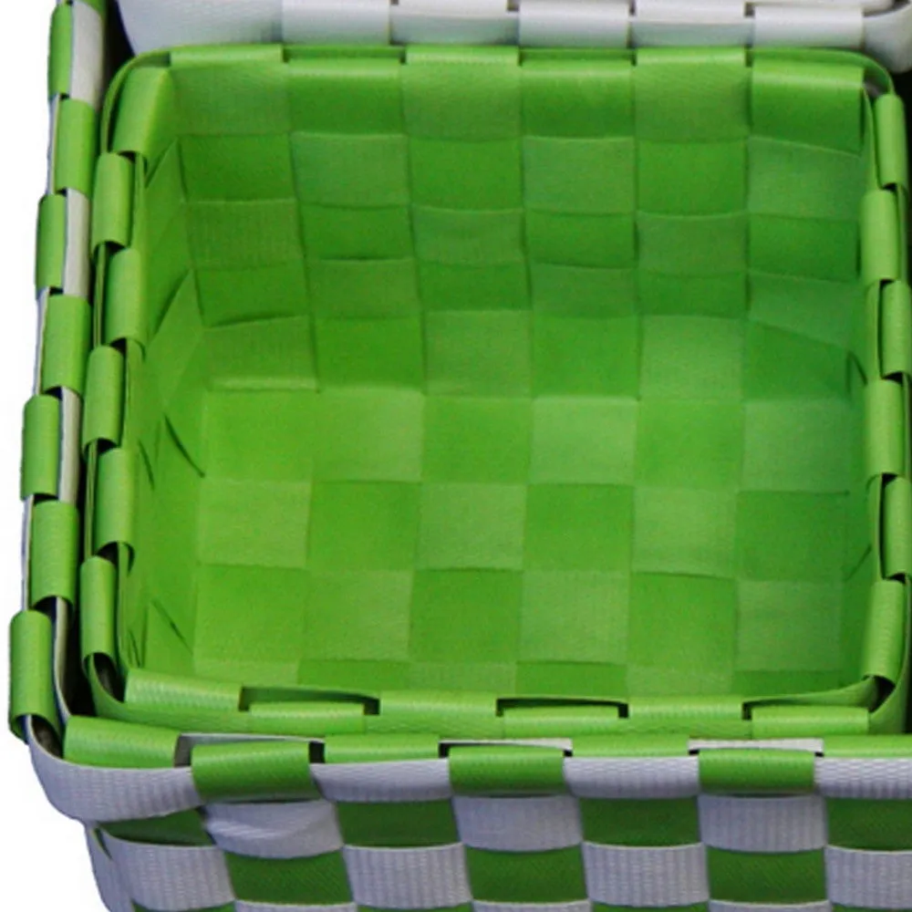 5 Piece Basket and Trays, Hand Woven, Checkered Pattern, Green and White By Casagear Home