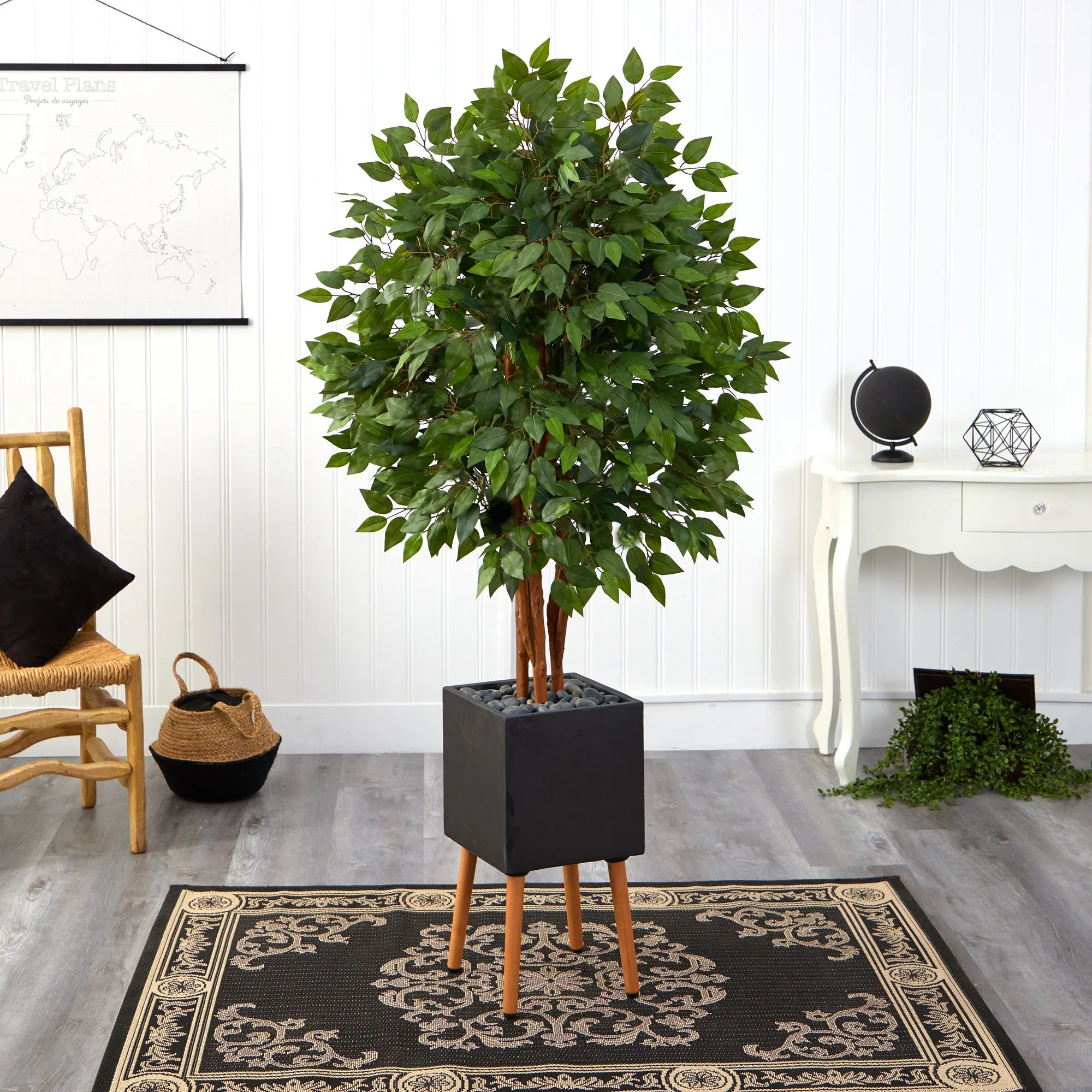 5.5’ Super Deluxe Artificial Ficus Tree in Black Planter with Stand