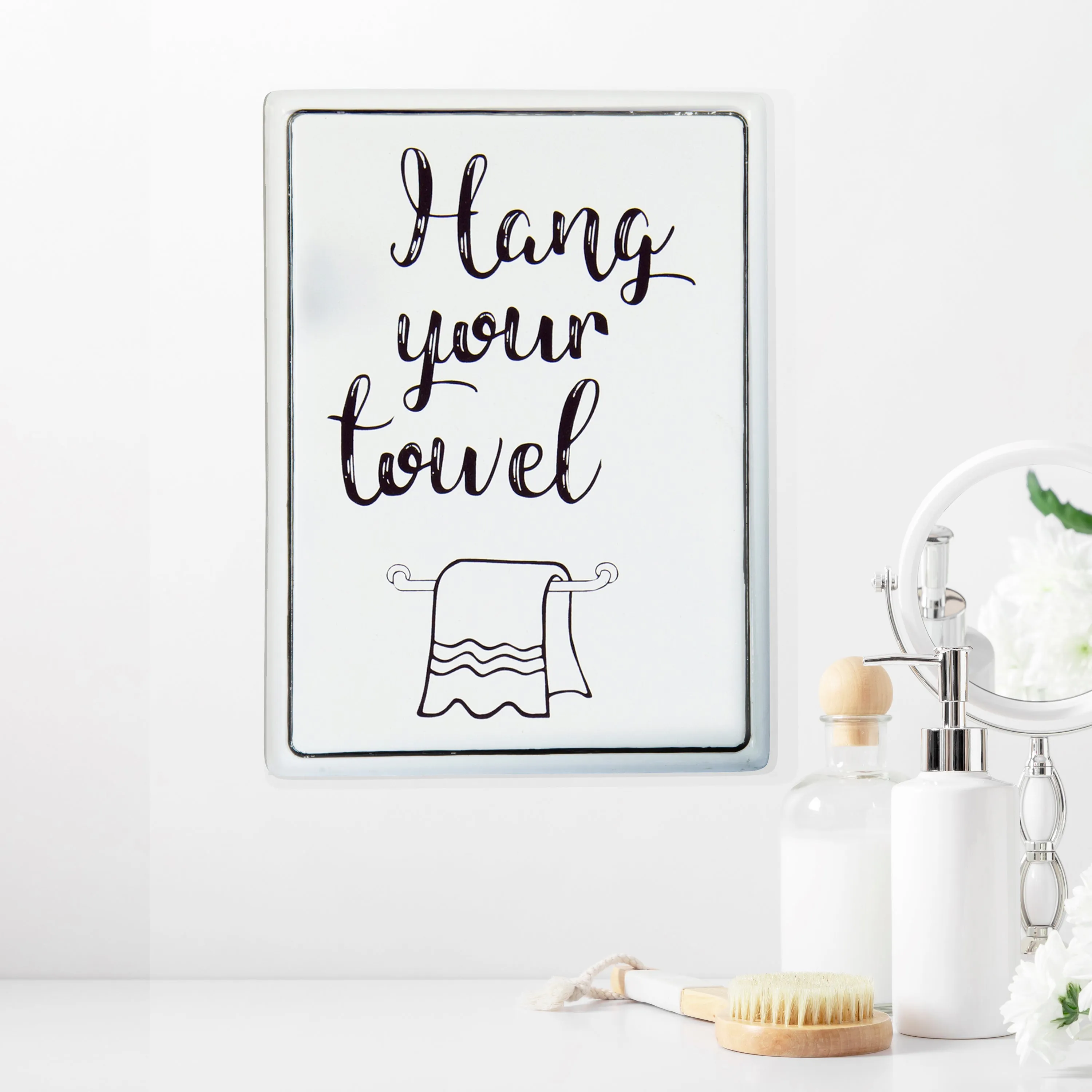 &quot;Hang your Towel&quot; Enamelware Metal Sign - White / Black
