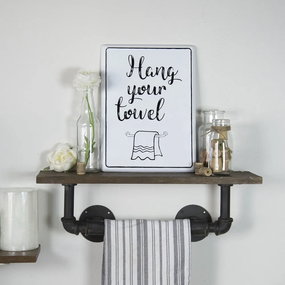 &quot;Hang your Towel&quot; Enamelware Metal Sign - White / Black