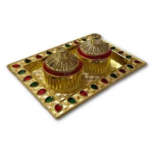 Ayodhya Bhakti Decorative Golden Designed Small Haldi -Kumkum Holder Plate (Gold)
