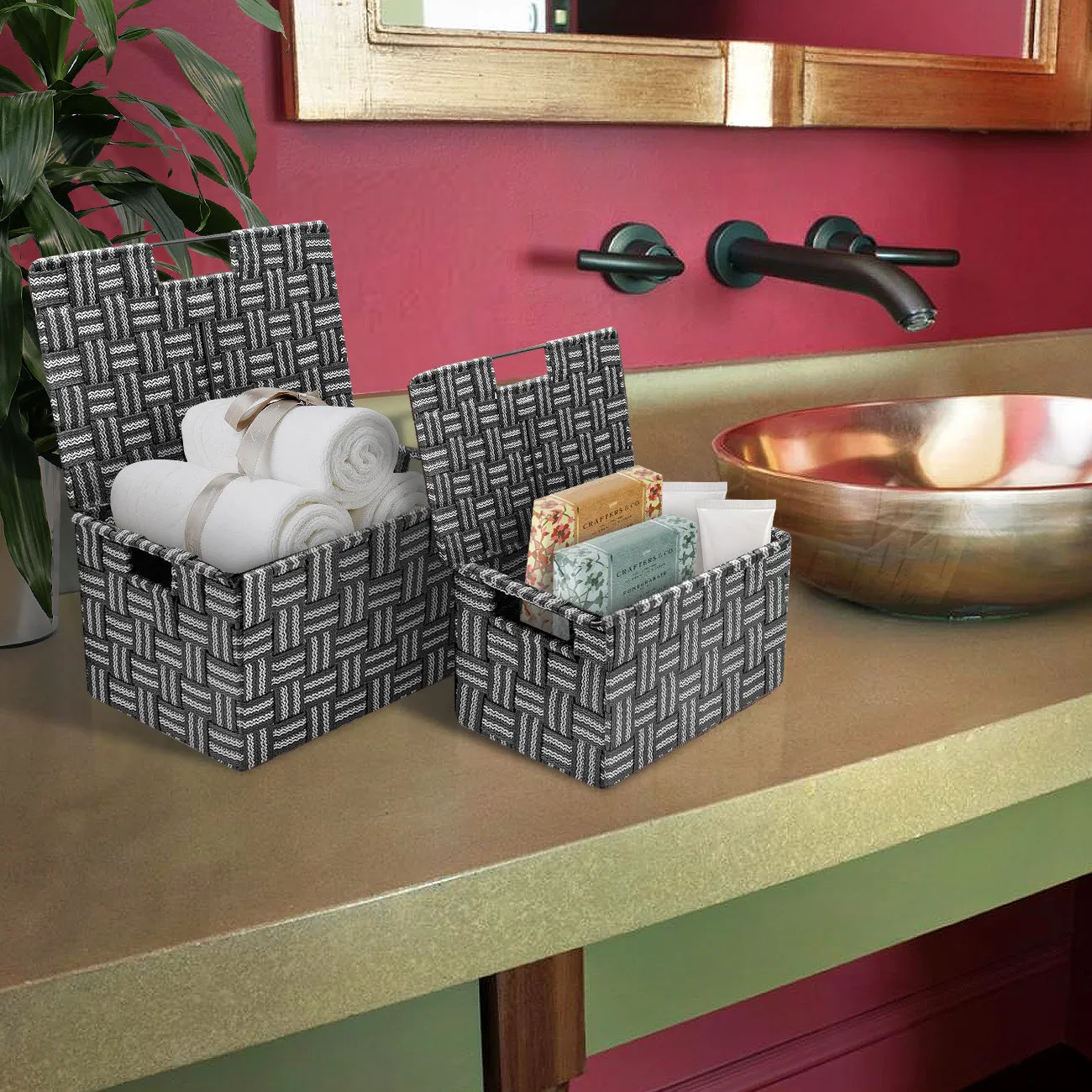 Basket Bin Double Woven with Lid (3 Pack)