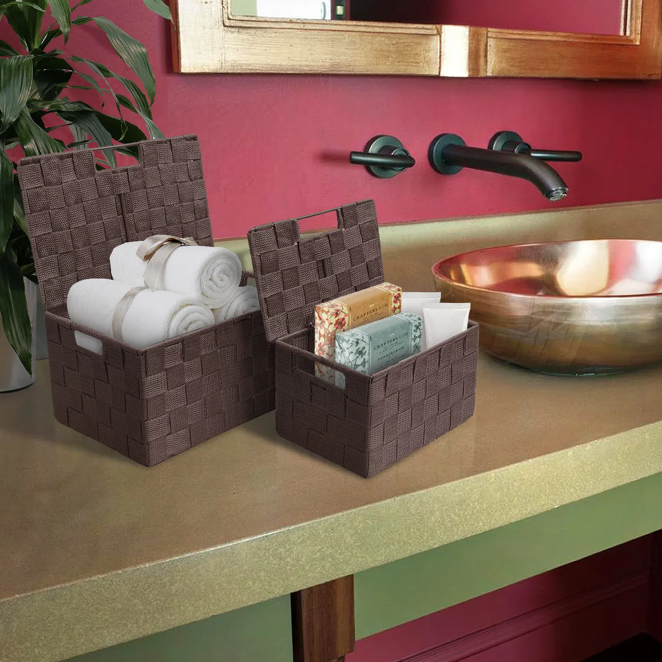 Basket Bin Double Woven with Lid (3 Pack)