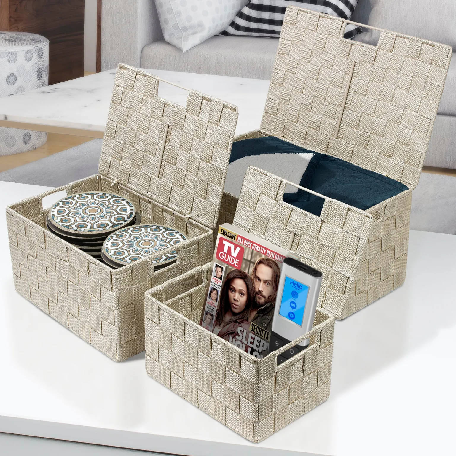 Basket Bin Double Woven with Lid (3 Pack)