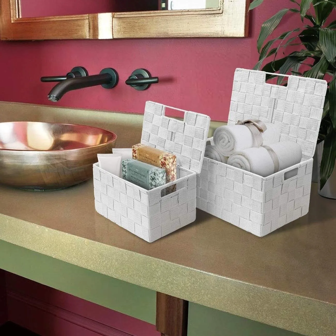 Basket Bin Double Woven with Lid (3 Pack)