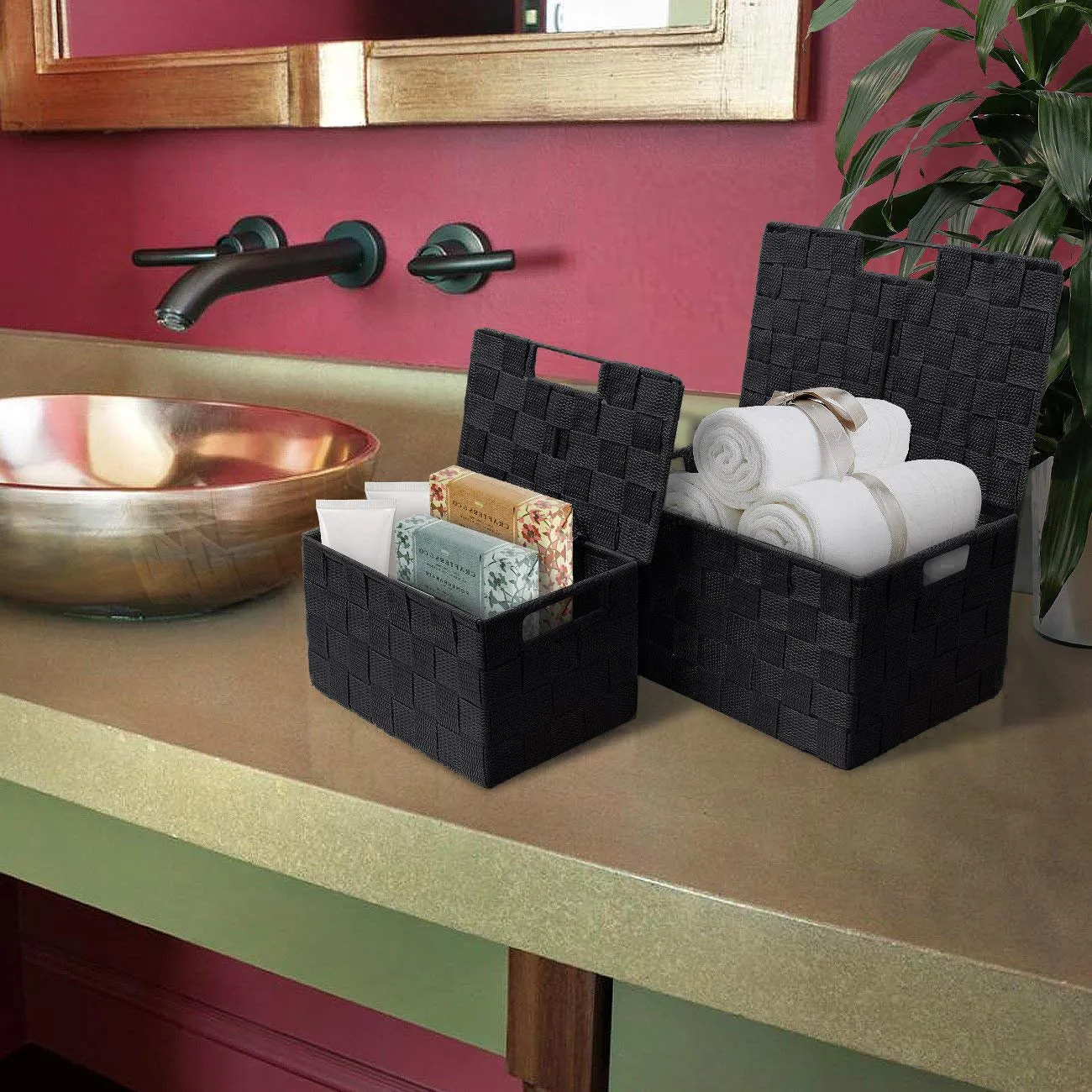 Basket Bin Double Woven with Lid (3 Pack)
