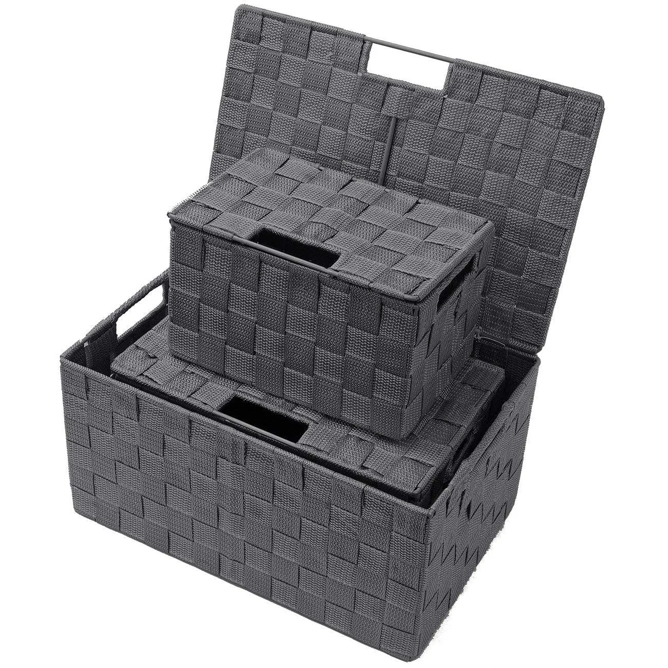 Basket Bin Double Woven with Lid (3 Pack)