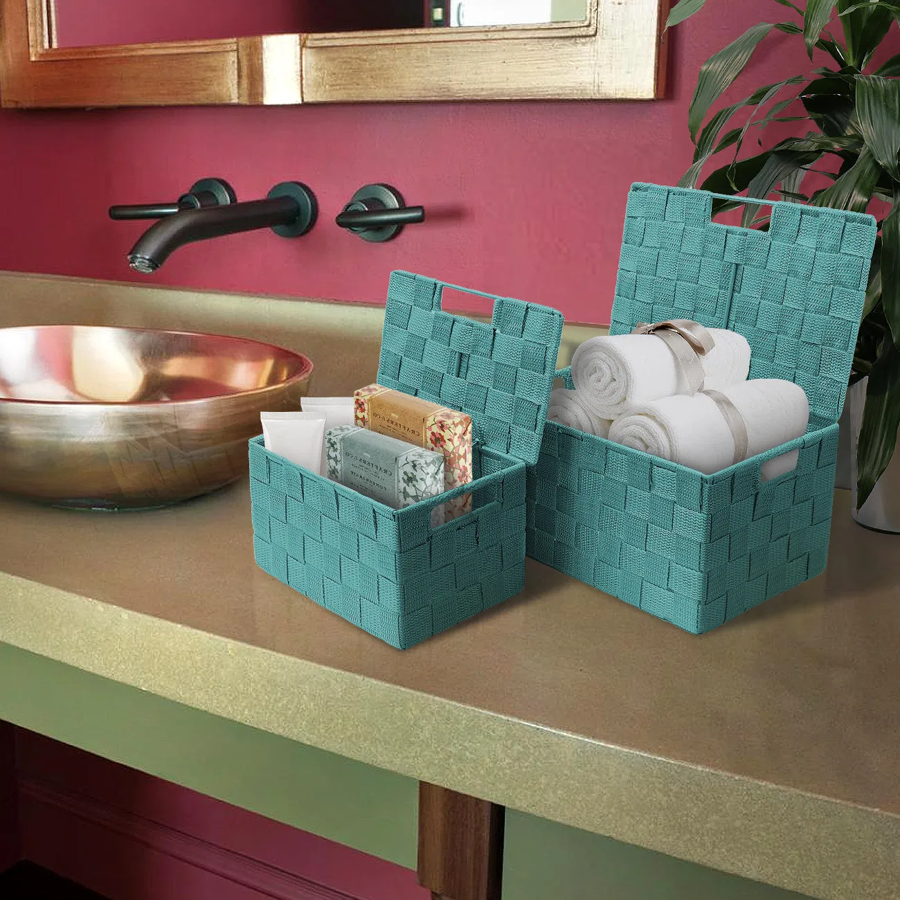 Basket Bin Double Woven with Lid (3 Pack)