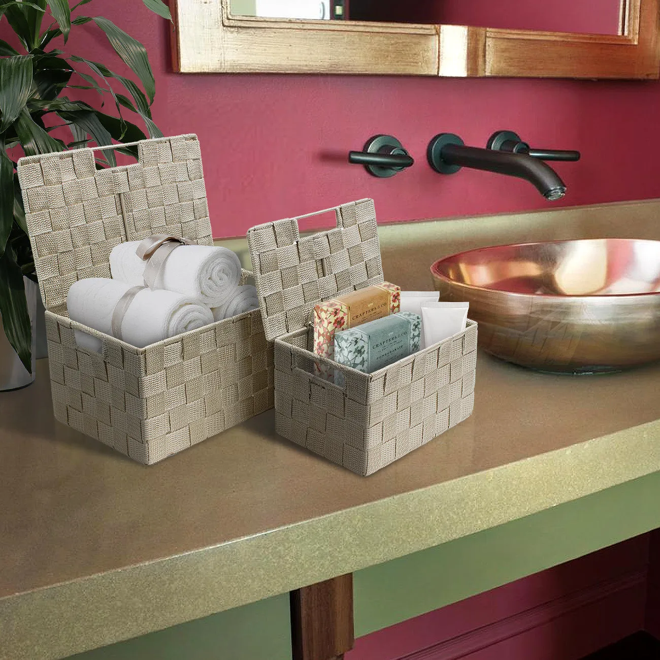 Basket Bin Double Woven with Lid (3 Pack)