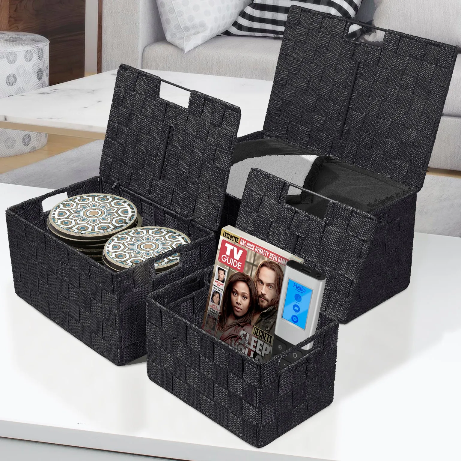 Basket Bin Double Woven with Lid (3 Pack)