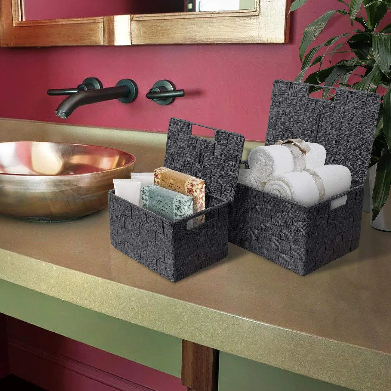 Basket Bin Double Woven with Lid (3 Pack)