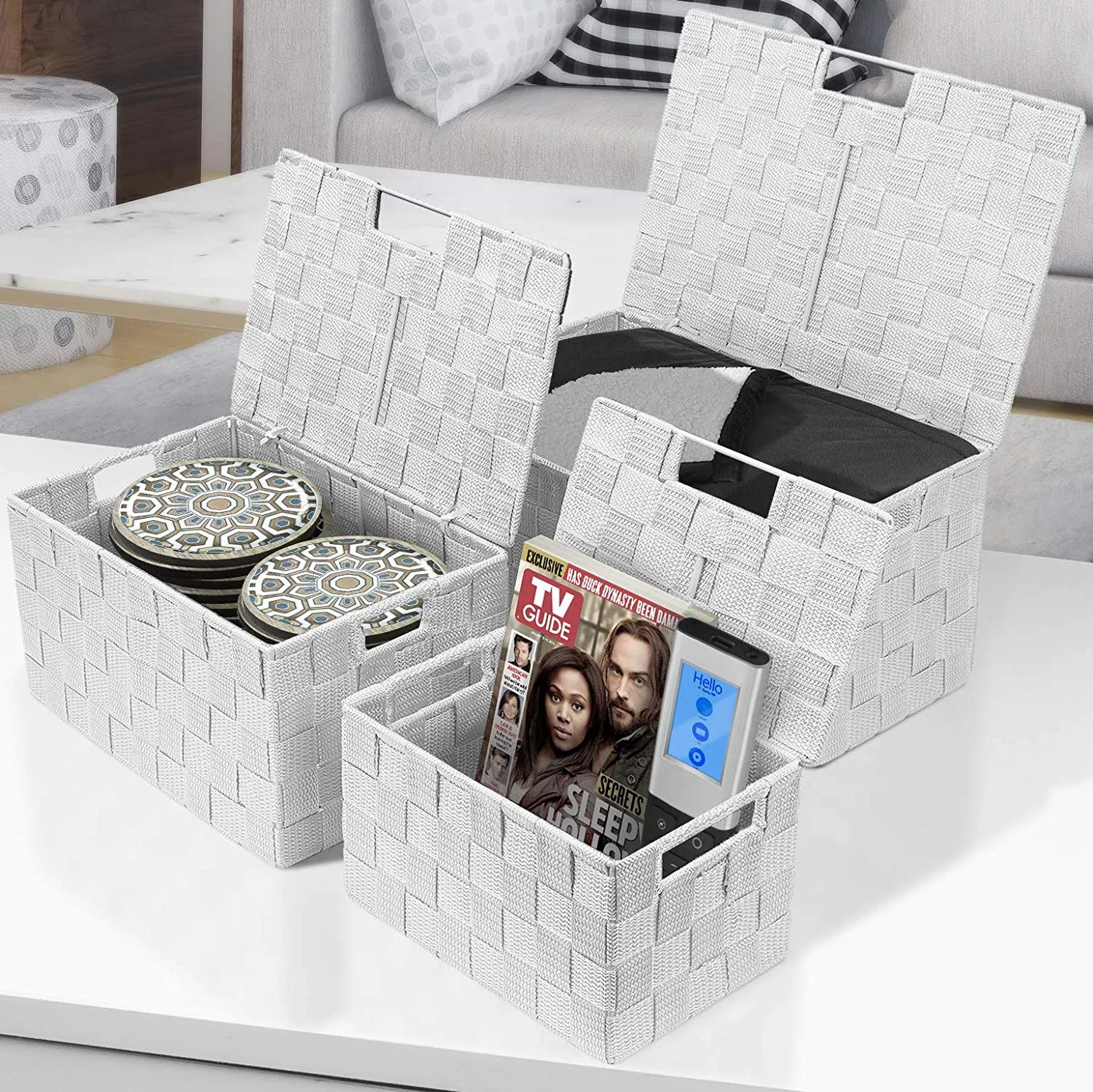 Basket Bin Double Woven with Lid (3 Pack)