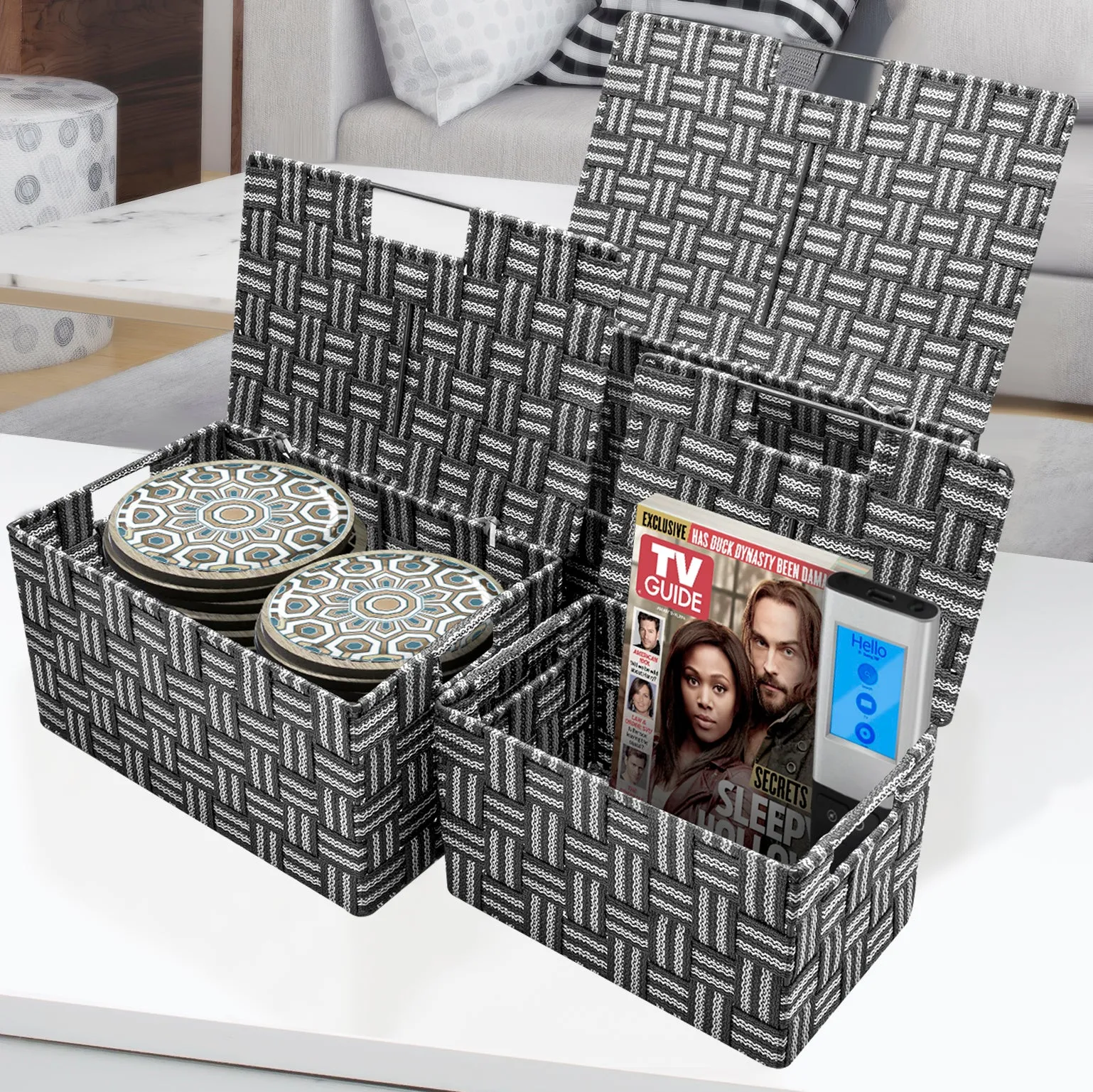 Basket Bin Double Woven with Lid (3 Pack)