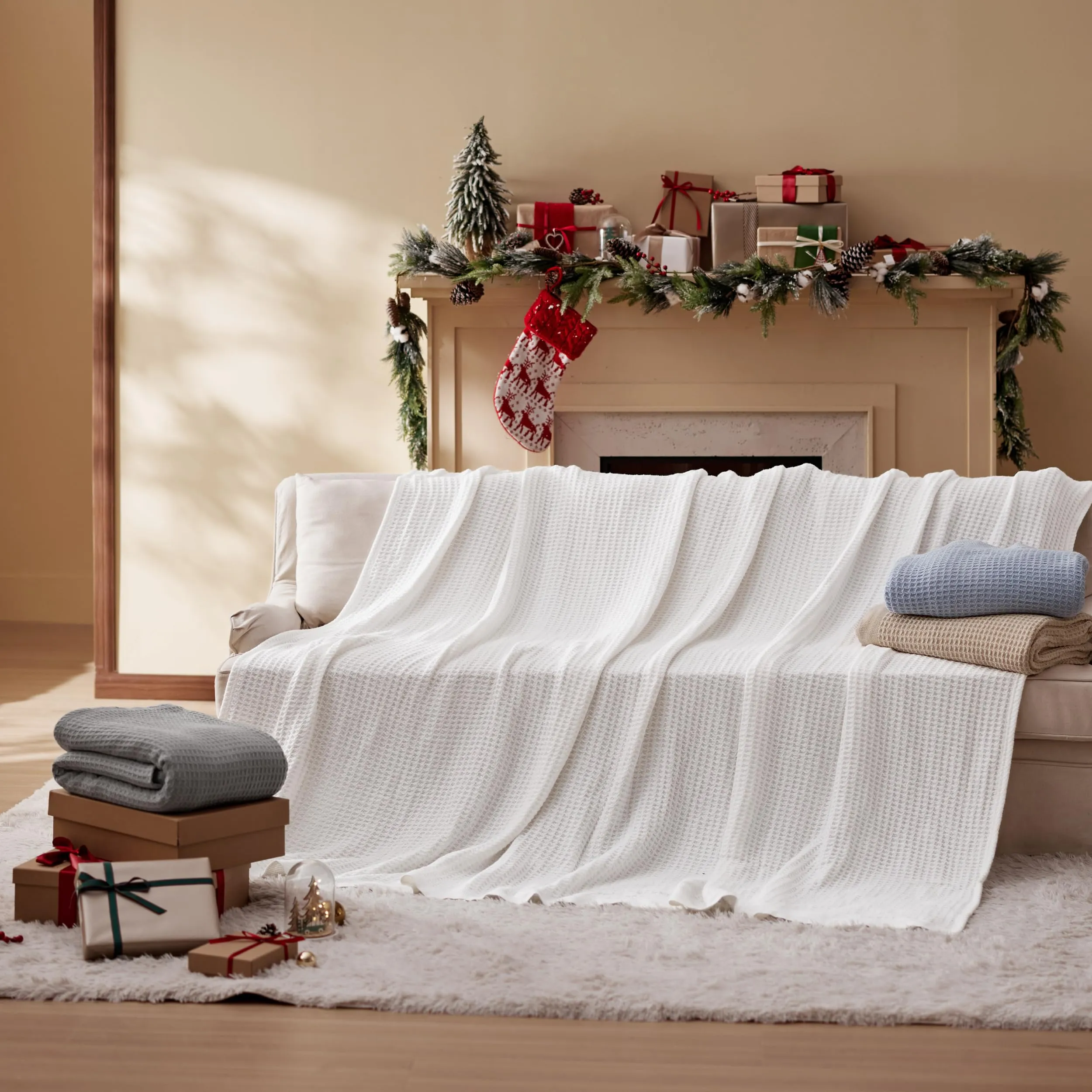 Bedsure 100% Cotton Blanket Queen Size for Bed - Breathable and Soft, Waffle Weave Blanket for Summer Spring, White, 90x90 Inches