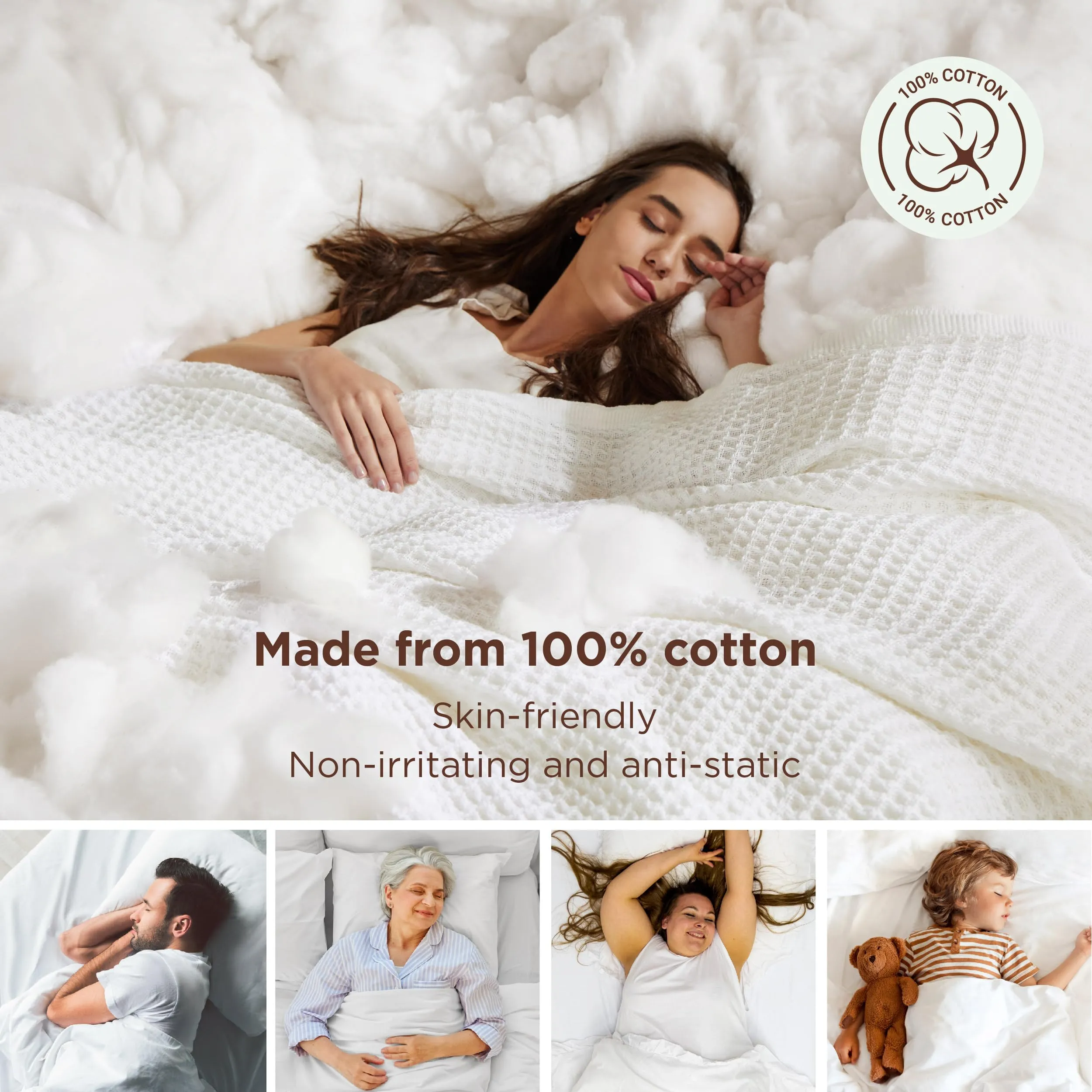 Bedsure 100% Cotton Blanket Queen Size for Bed - Breathable and Soft, Waffle Weave Blanket for Summer Spring, White, 90x90 Inches