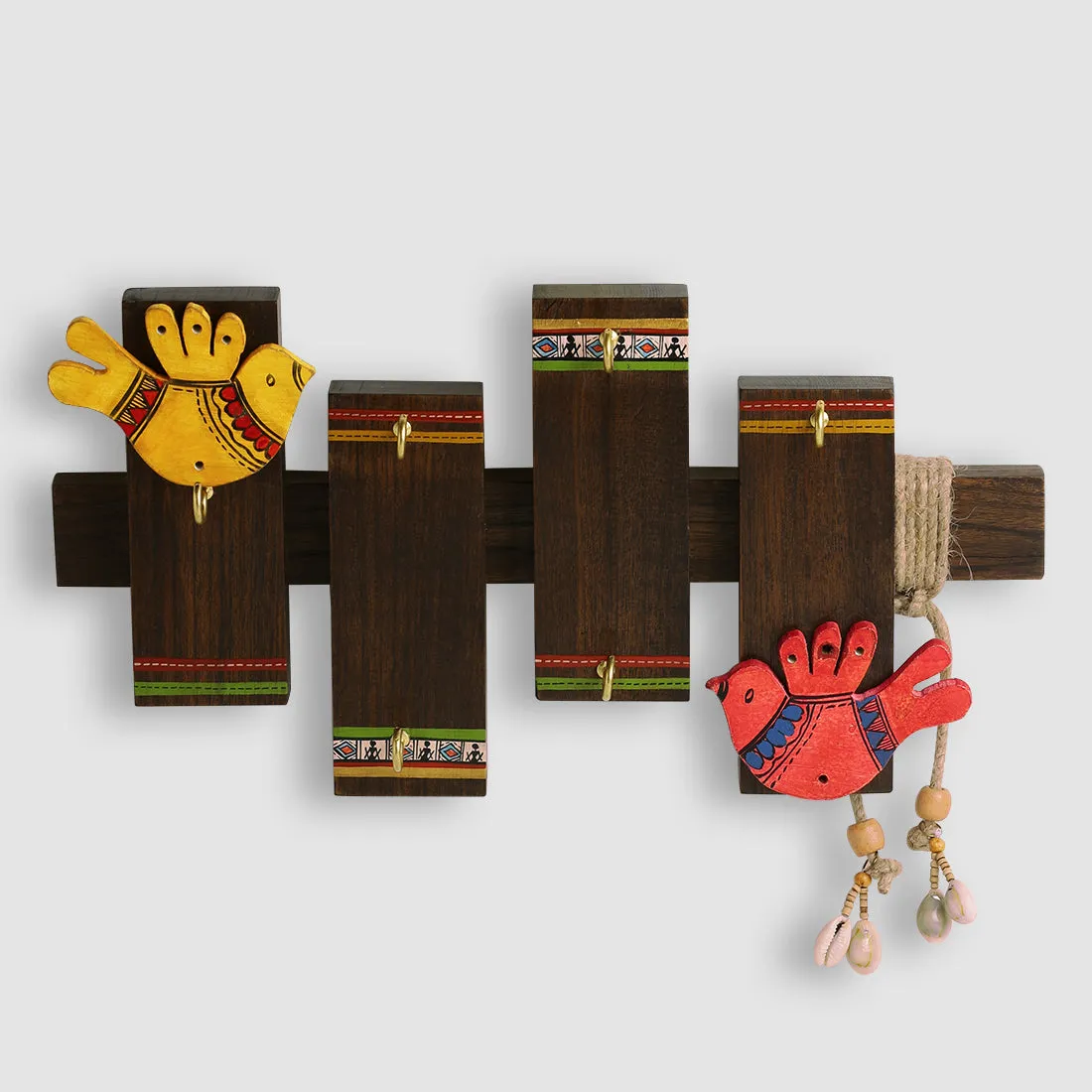 'Birds On Planks' Warli Handpainted Sheesham Wood Key Holder (6 Hooks)