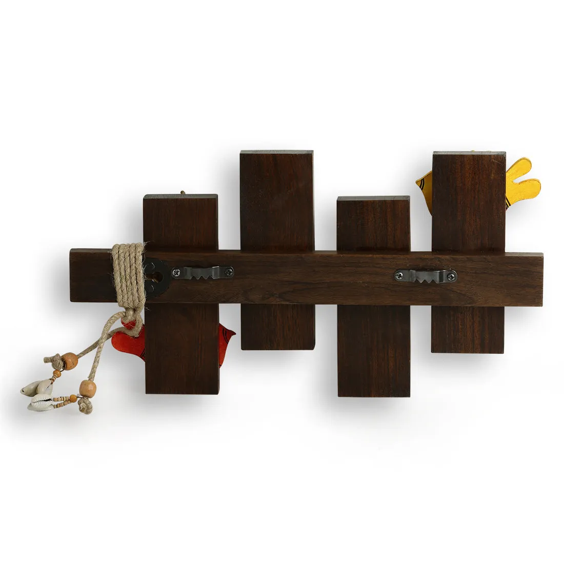 'Birds On Planks' Warli Handpainted Sheesham Wood Key Holder (6 Hooks)