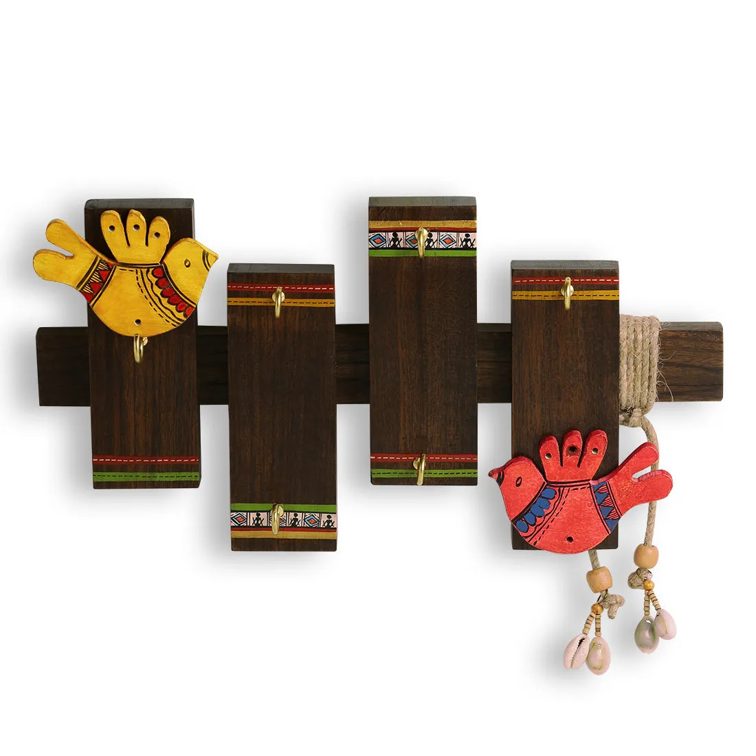 'Birds On Planks' Warli Handpainted Sheesham Wood Key Holder (6 Hooks)