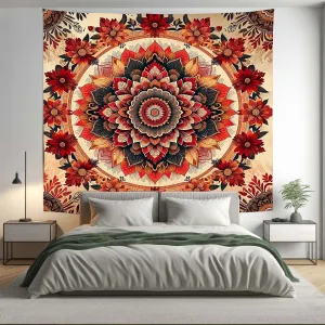 Bohemian Red Floral Mandala Tapestry Psychedelic Wall Hanging Boho Decor