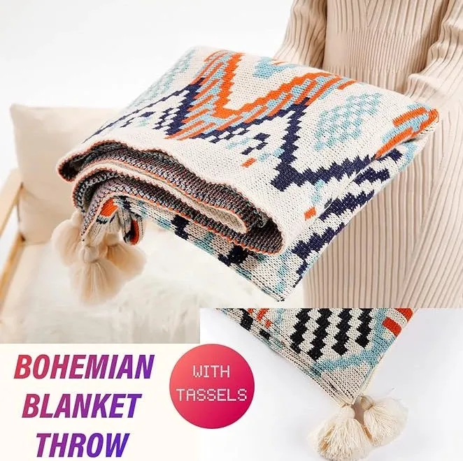 Bohemian Throw Blanket Tassels Soft Knitted Throw Blanket