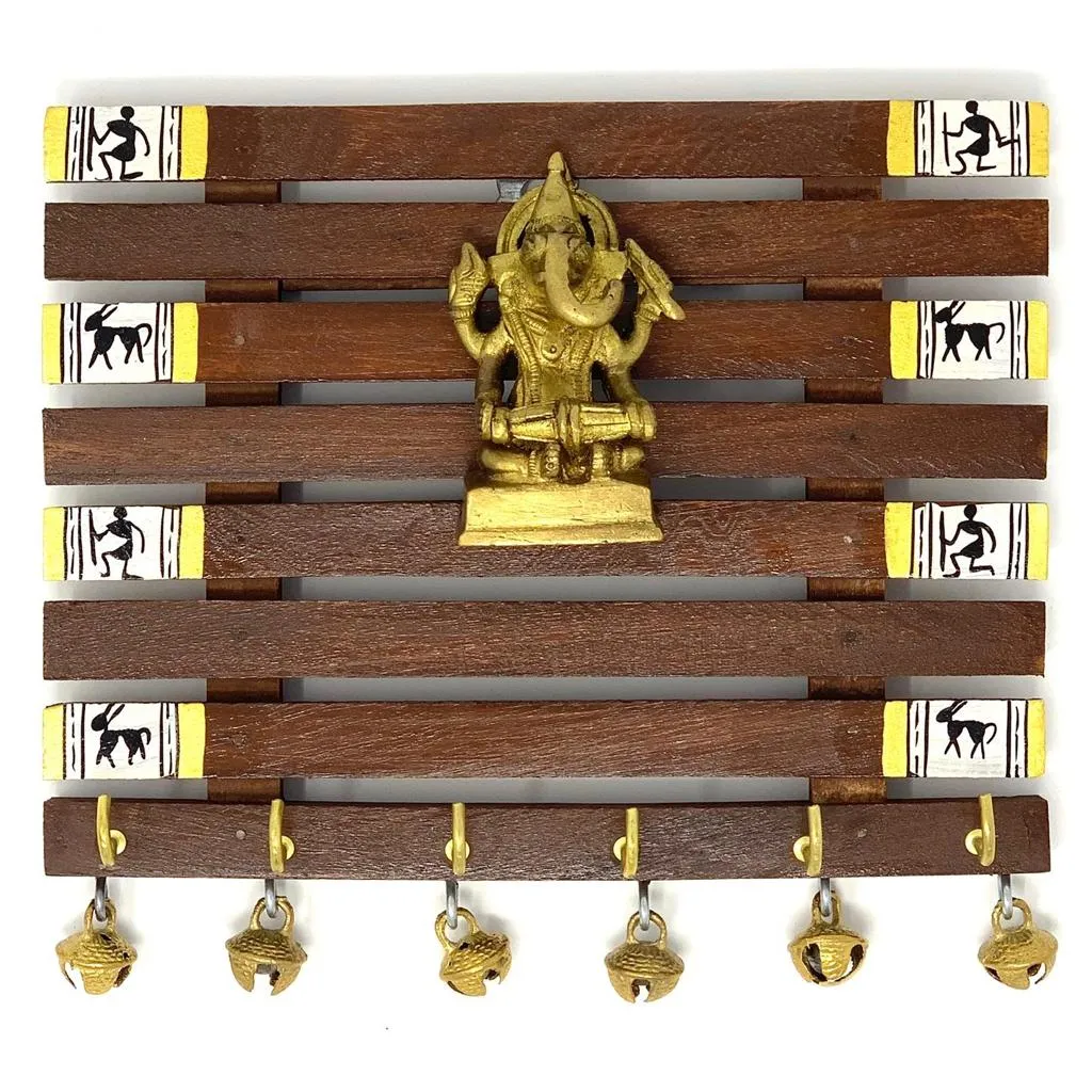 Brass Ganesha & Warli Hand-Painted Key Holder On Wood (6 Hooks) - Wall Decor
