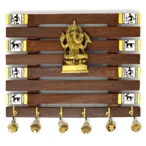 Brass Ganesha & Warli Hand-Painted Key Holder On Wood (6 Hooks) - Wall Decor