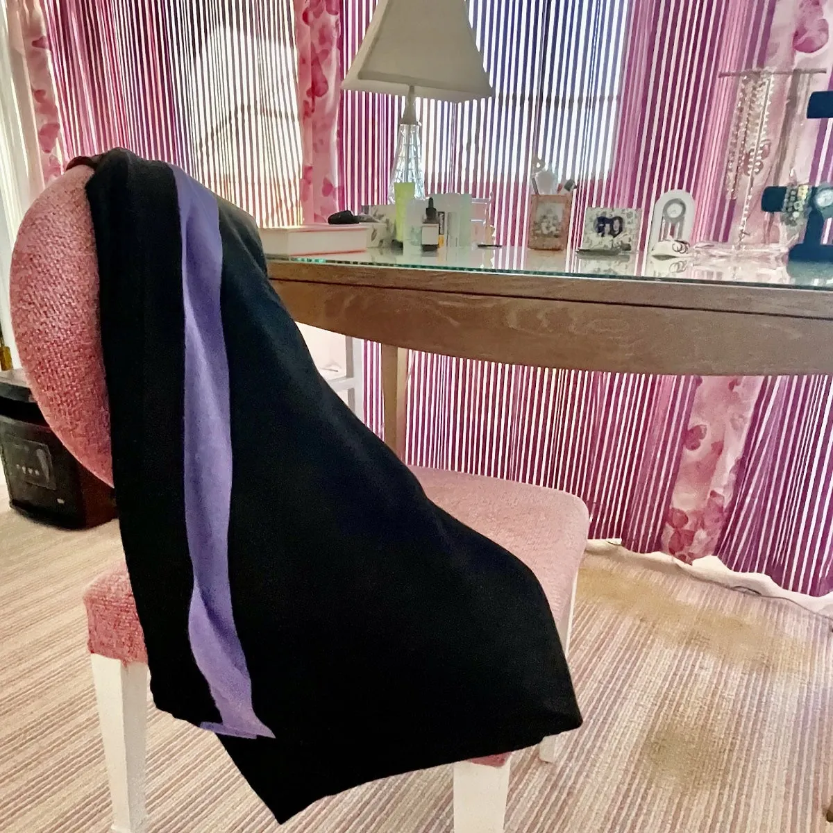 cashmere throw, black with periwinkle stripe