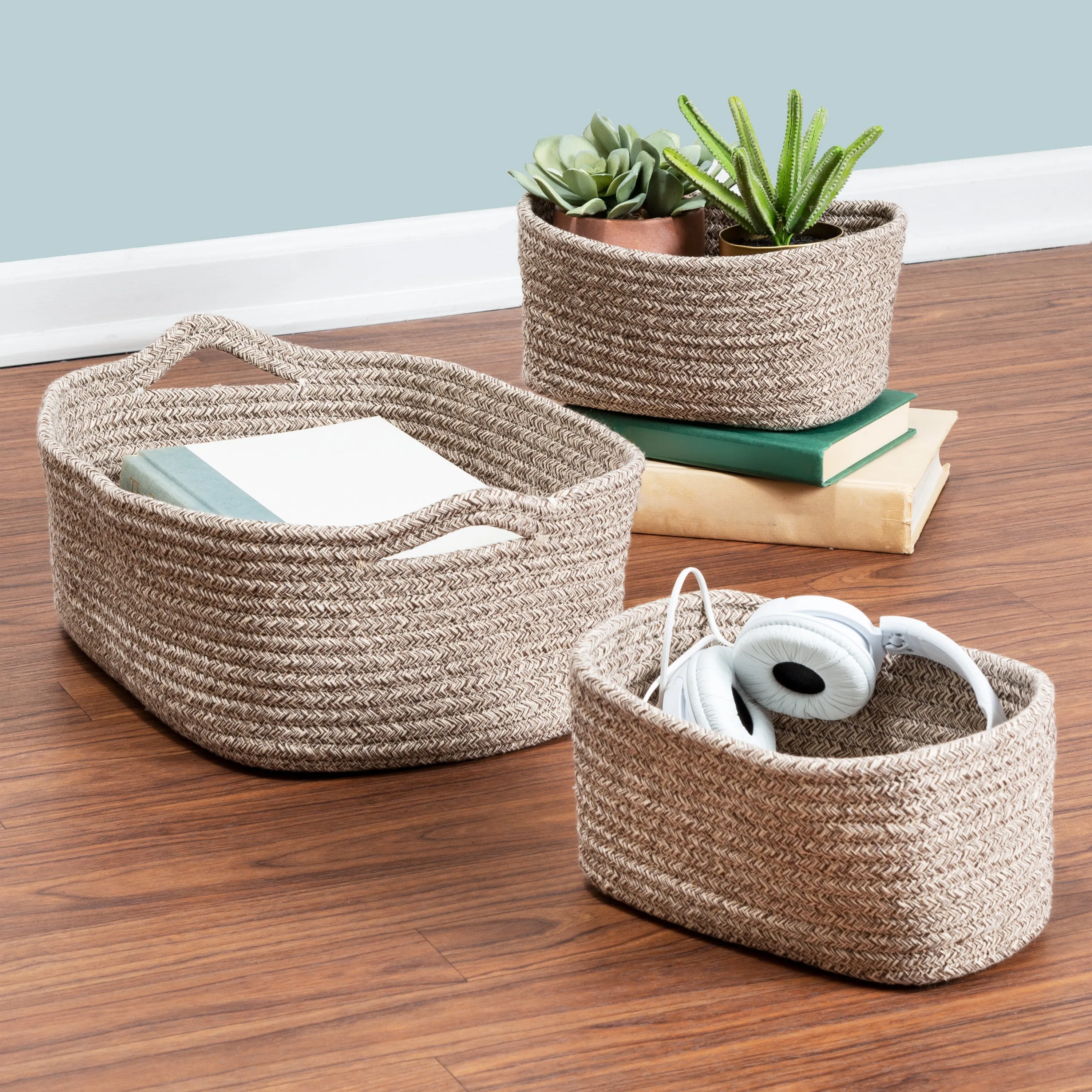 Champagne Cotton Cord Nesting Baskets with Handles (Set of 3)