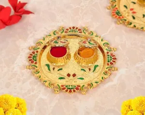 Dattatreya Decorative Design Gold Plated Plastic Haldi Kumkum Holder Pooja Thali and 2 Bowl For Rakhi Diwali Wedding Gifts Tilak Plate (Width 5.5 Inch) (Multicolor Pooja Thali 5)