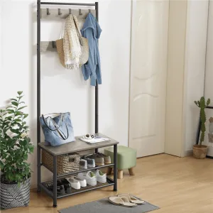 essential 73'' H Metal Hall Tree Entryway Coat Rack with Shoe Storage Bench & 9 Movable Hooks,Gray