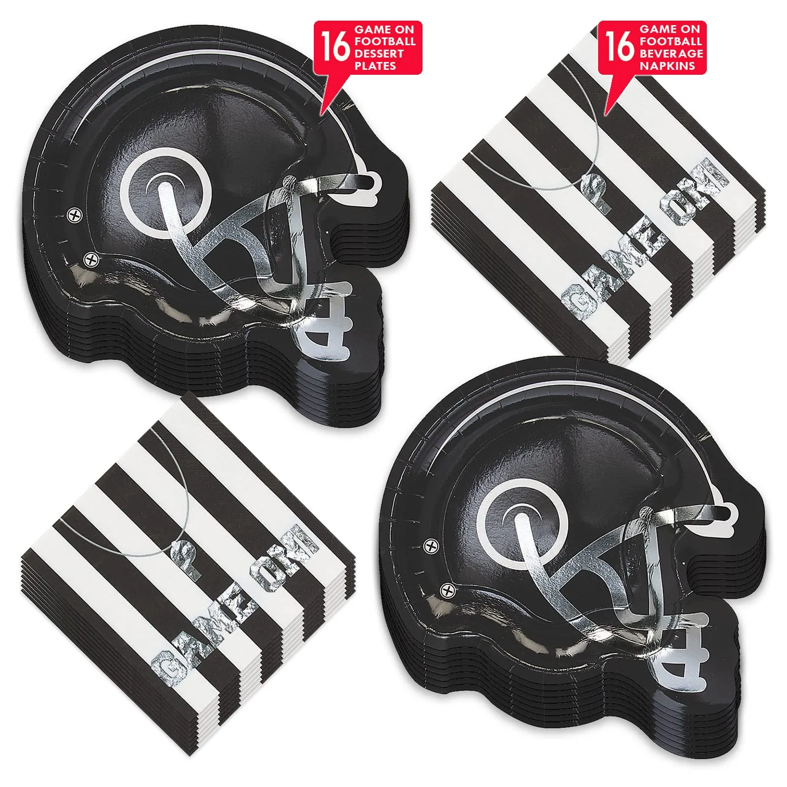 Football Party Helmet Shaped Paper Dessert Plates and Game On Referee Napkins (Serves 16)